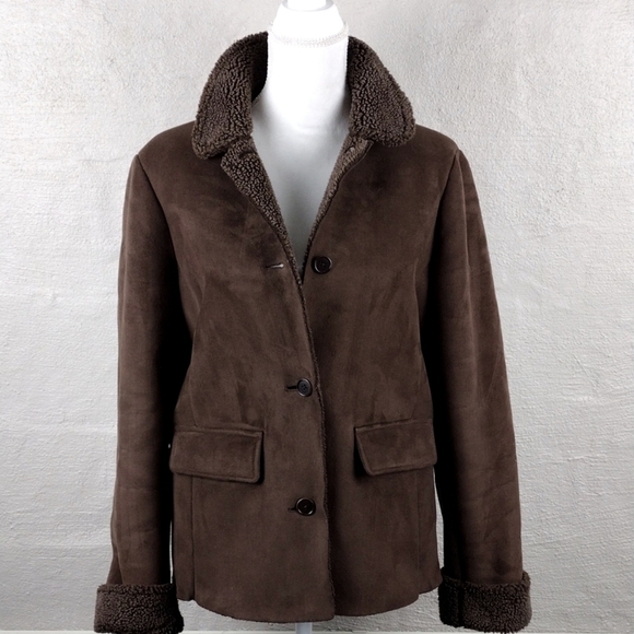 Lands' End Brown Faux Suede Leather Collared Button Up Long Sleeve Winter Coat - Picture 13 of 13